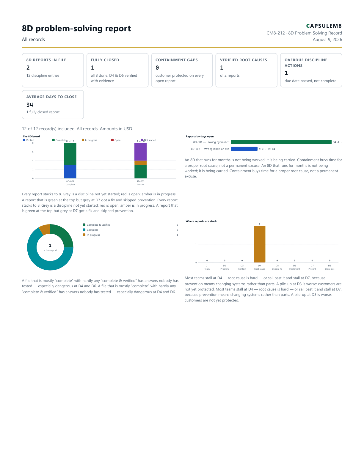 First page of the 8D problem-solving report PDF