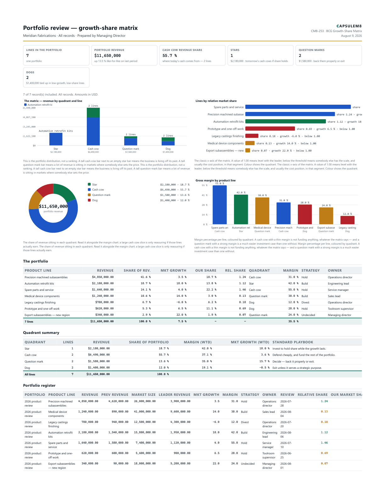 First page of the Portfolio review — growth-share matrix PDF