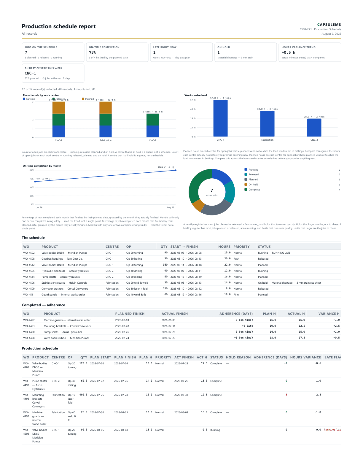 First page of the Production schedule report PDF