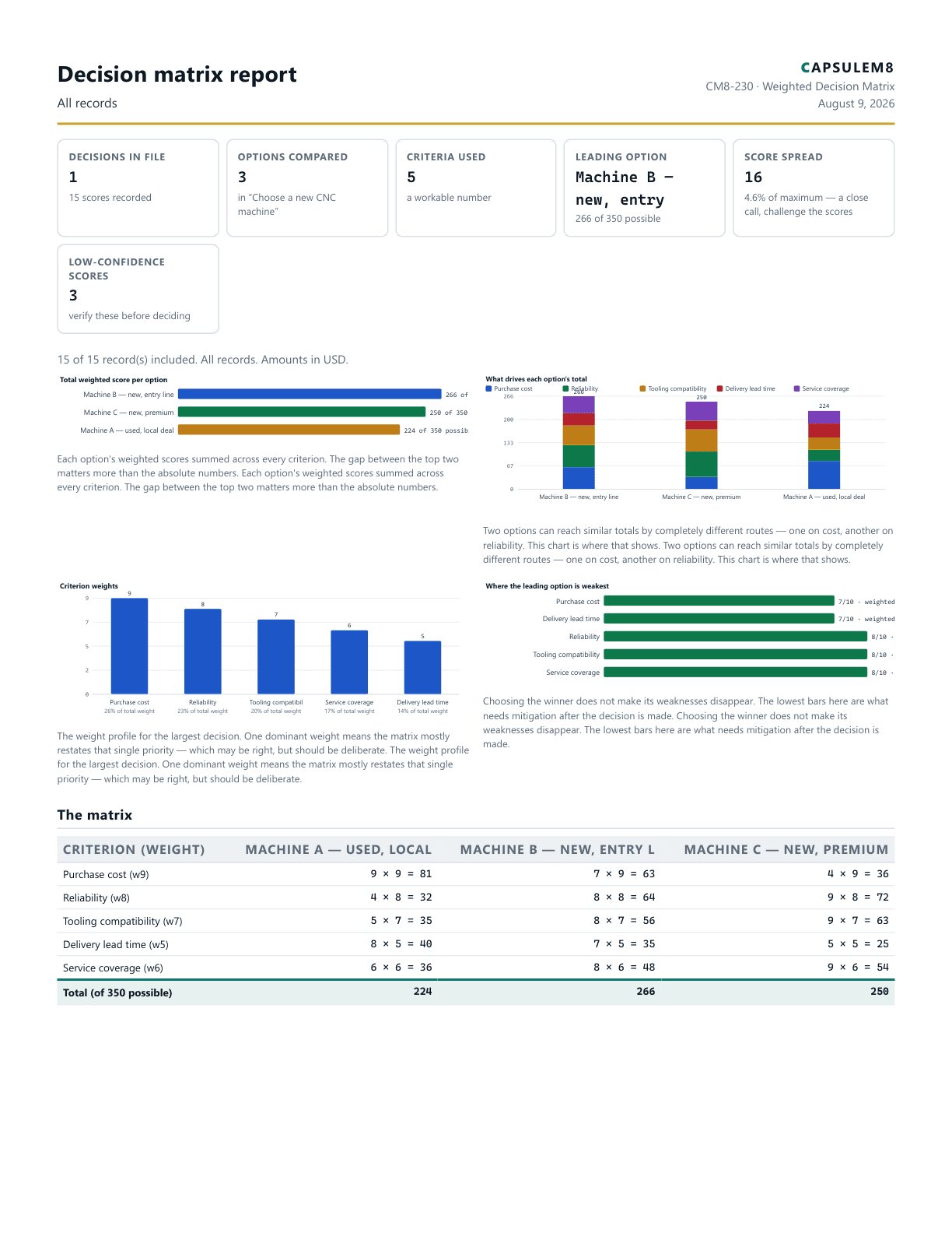 First page of the Decision matrix report PDF